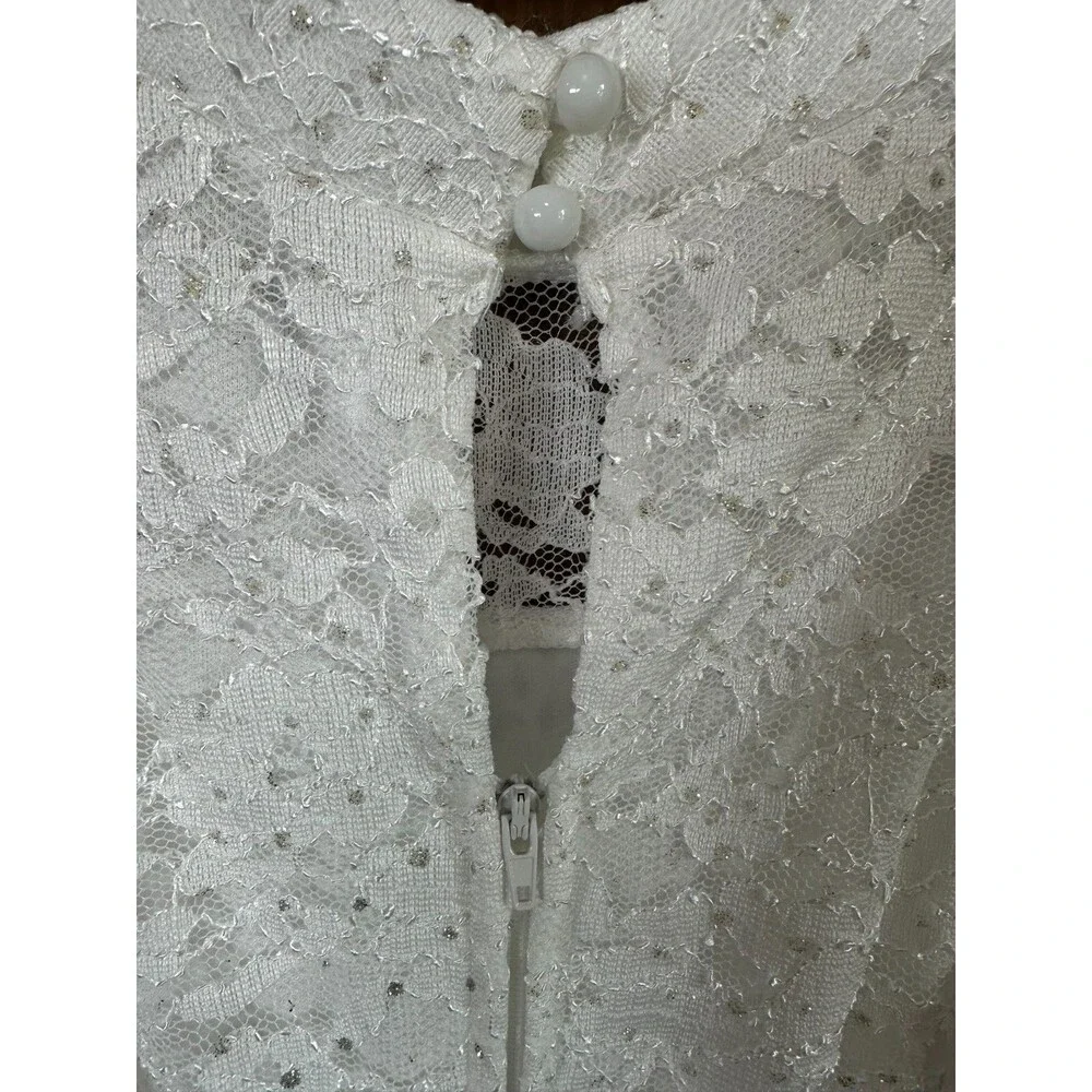 Floral High Low Dress White Lace Beaded Bodice Blue Satin Skirt Size 10 Formal